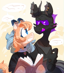 Size: 4000x4600 | Tagged: safe, artist:pakmur, imported from derpibooru, oc, oc only, oc:pookie, oc:rosie, changeling, earth pony, pony, abstract background, book, collar, commission, duo, looking at each other, looking at someone, purple changeling, ych result