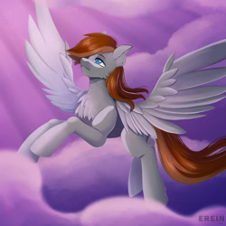 Size: 2000x2000 | Tagged: safe, artist:erein, imported from derpibooru, oc, oc only, oc:pastello zoccoli da venezia, pegasus, pony, blue eyes, brown mane, cloud, crepuscular rays, ears up, evening, flying, gray coat, high res, male, multicolored hair, pegasus oc, sky, solo, spread wings, wings