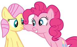 Size: 1861x1138 | Tagged: safe, artist:jadeharmony, imported from derpibooru, fluttershy, pinkie pie, earth pony, pegasus, pony, alternate hairstyle, base used, boop, cute, diapinkes, duo, female, flutterpie, grin, lesbian, looking at each other, looking at someone, mare, shipping, shyabetes, smiling