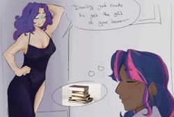 Size: 2046x1378 | Tagged: safe, artist:killektric, imported from derpibooru, rarity, twilight sparkle, human, book, breasts, clothes, dark skin, dress, duo, duo female, eyes closed, eyeshadow, female, grin, humanized, lesbian, makeup, meme, night dress, oblivious, rarilight, shipping, smiling, stock image, thought bubble