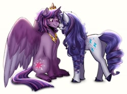 Size: 2300x1700 | Tagged: safe, artist:slapearl, imported from derpibooru, rarity, twilight sparkle, alicorn, pony, alternate cutie mark, alternate hairstyle, blushing, crown, cute, duo, duo female, eyeshadow, female, jewelry, lesbian, lipstick, looking at each other, looking at someone, makeup, mare, markings, raribetes, rarilight, redesign, regalia, shipping, simple background, sitting, twiabetes, twilight sparkle (alicorn), unshorn fetlocks, white background