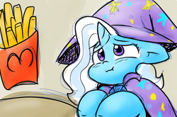 Size: 1314x865 | Tagged: safe, artist:zutcha, imported from derpibooru, trixie, pony, unicorn, bust, cape, clothes, cute, diatrixes, female, floppy ears, food, french fries, frown, hat, horn, mare, mcdonald's, solo, trixie's cape, trixie's hat