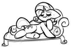 Size: 1396x896 | Tagged: safe, artist:zutcha, imported from derpibooru, rarity, pony, unicorn, black and white, eyes closed, fainting couch, female, floppy ears, frog (hoof), grayscale, horn, lying down, mare, monochrome, on side, simple background, sketch, smiling, solo, underhoof, white background