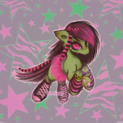 Size: 1500x1500 | Tagged: safe, artist:lompyloops, imported from derpibooru, oc, oc only, earth pony, pony, abstract background, arm warmers, bow, clothes, female, hair bow, mare, scene, shoes, skirt, sneakers, solo