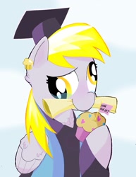 Size: 1275x1650 | Tagged: safe, artist:caralowhigh, imported from derpibooru, derpy hooves, pegasus, pony, bust, clothes, crying, diploma, female, food, graduation cap, hat, mare, mouth hold, muffin, robes, smiling, solo, tears of joy