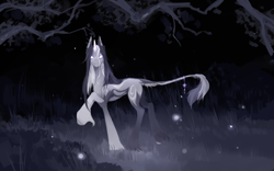 Size: 2358x1470 | Tagged: safe, artist:vimshnya, imported from derpibooru, oc, oc only, pony, unicorn, blank eyes, horn, jewelry, leonine tail, night, tail, tail jewelry, unshorn fetlocks