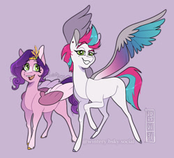 Size: 907x827 | Tagged: safe, artist:wintery, imported from derpibooru, pipp petals, zipp storm, pegasus, pony, colored wings, duo, duo female, female, g5, grin, height difference, lidded eyes, looking at you, mare, multicolored wings, open mouth, open smile, purple background, royal sisters (g5), siblings, simple background, sisters, smiling, smiling at you, spread wings, wings