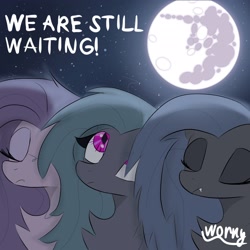 Size: 2048x2048 | Tagged: safe, artist:worny, imported from derpibooru, oc, oc only, bat pony, children of the night, bust, chest fluff, detailed background, eyelashes, eyes closed, eyeshadow, fangs, high res, looking up, makeup, mare in the moon, moon, moonlight, new lunar republic, night, pink eyes, portrait, sad, signature, stars, text