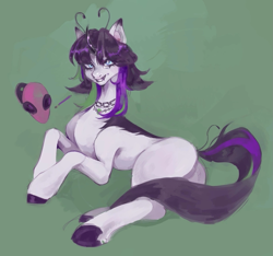 Size: 1171x1097 | Tagged: safe, artist:vimshnya, imported from derpibooru, oc, oc only, pony, unicorn, butt, curved horn, fangs, female, horn, jewelry, lying down, mare, necklace, piercing, plot, prone, solo