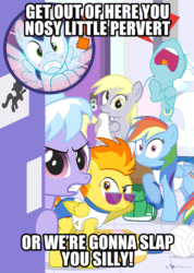 Size: 683x960 | Tagged: safe, artist:dm29, edit, editor:undeadponysoldier, imported from ponybooru, cloudchaser, derpy hooves, fleetfoot, rainbow dash, soarin', spitfire, pegasus, pony, angry, blushing, caption, female, home alone, home alone 2: lost in new york, image macro, male, mare, meme, movie reference, oh boy, peeping tom, pervert, reference, screaming, show accurate, shower, stallion, text, we don't normally wear clothes, wonderbolts