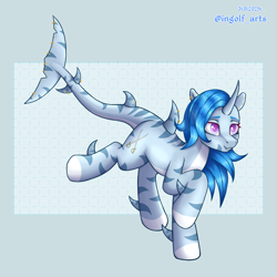 Size: 2250x2250 | Tagged: safe, artist:ingolf arts, imported from derpibooru, oc, oc only, oc:pearl wave, original species, pony, shark, shark pony, digital art, ear piercing, earring, female, fish tail, high res, horn, jewelry, mare, piercing, simple background, smiling, solo, tail