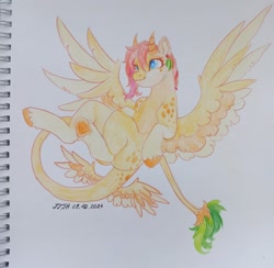 Size: 1278x1248 | Tagged: safe, artist:jjsh, imported from derpibooru, oc, oc only, pegasus, pony, female, flying, horns, leonine tail, long tail, mare, pencil drawing, sketchbook, solo, spots, spread wings, tail, tail wings, traditional art, unshorn fetlocks, wings