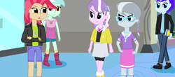 Size: 1600x706 | Tagged: safe, artist:thomaszoey3000, imported from derpibooru, babs seed, diamond tiara, lyra heartstrings, silver spoon, oc, oc:blue ink, human, fanfic:sweetie belle's big adventure, equestria girls, book, boots, canterlot high, clothes, confrontation, ear piercing, earring, glasses, jewelry, necklace, piercing, shirt, shoes, skirt, tiara, vest