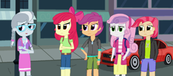 Size: 1600x706 | Tagged: safe, artist:thomaszoey3000, imported from derpibooru, apple bloom, babs seed, scootaloo, silver spoon, sweetie belle, human, fanfic:sweetie belle's big adventure, equestria girls, accessory, bow, building, car, clothes, disappointed, glasses, hair bow, headband, implied diamond tiara, jewelry, necklace, sidewalk, street, street lamp