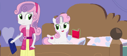 Size: 1600x706 | Tagged: safe, artist:thomaszoey3000, imported from derpibooru, sweetie belle, unicorn, fanfic:sweetie belle's big adventure, equestria girls, backpack, bedroom, book, clothes, diary, duo, headband, horn, levitation, magic, pillow, self paradox, self ponidox, telekinesis