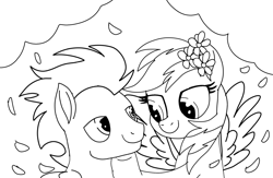 Size: 2139x1395 | Tagged: safe, artist:pinky cloudy, imported from derpibooru, rainbow dash, soarin', pegasus, pony, female, flower, flower in hair, male, mare, movie accurate, shipping, sketch, soarindash, stallion, straight