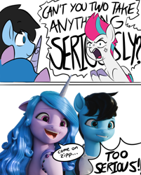 Size: 1578x1958 | Tagged: safe, artist:makaryo, imported from derpibooru, izzy moonbow, zipp storm, oc, oc:makaroni, earth pony, pegasus, unicorn, angry, comic, g5, horn, meme, open mouth, serious, serious face, speech bubble, too serious, yelling