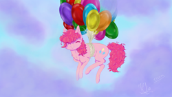 Size: 3840x2160 | Tagged: safe, artist:klio, imported from derpibooru, pinkie pie, album: colors of life, balloon, flying, happy, sky, solo