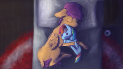 Size: 3840x2160 | Tagged: safe, artist:klio, imported from derpibooru, rainbow dash, scootaloo, album: colors of life, bed, bedroom, hug, plushie, sleeping