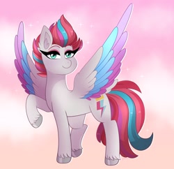 Size: 2434x2357 | Tagged: safe, artist:emera33, imported from derpibooru, zipp storm, pegasus, pony, colored wings, female, g5, looking at you, mare, multicolored wings, raised hoof, solo, spread wings, wings