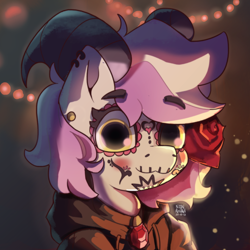 Size: 3000x3000 | Tagged: safe, artist:nyanakaru, imported from ponybooru, catrina, oc, oc:gaargod, bokeh, bust, clothes, costume, dia de los muertos, flower, goat horns, halloween, halloween costume, hoodie, makeup, piercing, pink hair, portrait, rose, solo, white mane