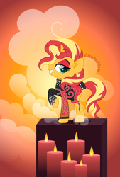 Size: 1485x2200 | Tagged: safe, artist:cloudy glow, imported from derpibooru, sunset shimmer, pony, unicorn, candle, chinese new year, eyeshadow, female, horn, makeup, solo, year of the snake