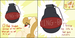 Size: 4020x2020 | Tagged: safe, artist:mariculture, oc, oc only, oc:cream collar, pegasus, pony, dialogue, eye clipping through hair, female, grenade, mare, open mouth, solo, two toned mane