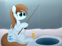 Size: 4032x3016 | Tagged: safe, artist:rainbowšpekgs, imported from derpibooru, blue buck, deep blue, pegasus, pony, chest fluff, female, fishing, fishing rod, ice, sitting, smiling, snow, thermos, winter