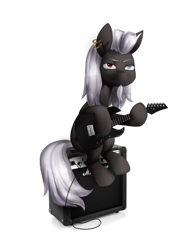 Size: 2328x2984 | Tagged: safe, artist:khvorost162, imported from derpibooru, oc, oc only, earth pony, pony, black and white, grayscale, guitar, monochrome, music, musical instrument, piercing, simple background, solo, white background