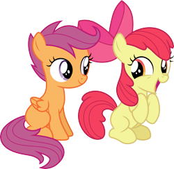 Size: 3079x3000 | Tagged: safe, artist:cloudy glow, imported from derpibooru, apple bloom, scootaloo, earth pony, pegasus, apple bloom's bow, bow, duo, duo female, female, hair bow, simple background, transparent background, vector