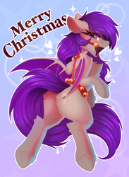 Size: 2992x4096 | Tagged: safe, artist:kebchach, imported from derpibooru, oc, oc only, bat pony, pony, bat pony oc, bat wings, butt, butt focus, chest fluff, christmas, commission, ear fluff, ear piercing, earring, female, heart, holiday, jewelry, leg fluff, mare, merry christmas, oc name needed, open mouth, piercing, plot, solo, sparkles, underhoof, wings, ych result