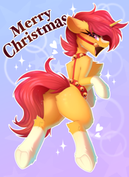 Size: 2992x4096 | Tagged: safe, artist:kebchach, imported from derpibooru, sunburst, pony, unicorn, butt, chest fluff, christmas, commission, ear fluff, ear piercing, earring, heart, holiday, horn, jewelry, leg fluff, male, merry christmas, open mouth, piercing, plot, solo, sparkles, stallion, underhoof, ych result