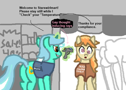 Size: 540x386 | Tagged: safe, artist:lrg!!, imported from derpibooru, braeburn, lyra heartstrings, pony, unicorn, butt, cross-eyed, derp, gay, horn, implied:starswirl, levitation, magic, male, meme, plot, ponified meme, telekinesis