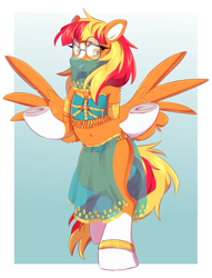 Size: 1568x2047 | Tagged: safe, artist:cheekipone, oc, oc only, pegasus, pony, semi-anthro, belly button, belly dancer, belly dancer outfit, bipedal, blaze (coat marking), bra, bracelet, clothes, female, glasses, jewelry, mare, panties, passepartout, pegasus oc, raised hoof, raised hooves, raised leg, see-through, smiling, socks (coat markings), solo, spread wings, two toned mane, two toned tail, underhoof, underwear, unshorn fetlocks, veil, wings