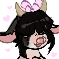 Size: 1024x1024 | Tagged: safe, artist:iridescentclaws, imported from derpibooru, oc, oc only, oc:mookery, cow, pony, accessory, big bow, black hair, black mane, bow, bust, cow ears, cow horns, cow oc, digital art, ears, eyelashes, female, floating heart, floppy ears, hair bow, hair over eyes, heart, horns, long ears, mottled coat, portrait, simple background, smiling, solo, white background