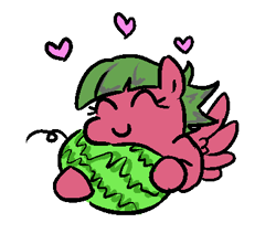 Size: 401x355 | Tagged: safe, artist:jargon scott, imported from derpibooru, oc, oc:low rider, pegasus, pony, affection, eyes closed, female, floating heart, food, heart, mare, pegasus oc, simple background, smiling, spread wings, watermelon, white background, wings