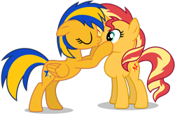 Size: 6227x4043 | Tagged: safe, artist:creedyboy124, imported from derpibooru, sunset shimmer, oc, oc:flare spark, pegasus, pony, unicorn, eyes closed, female, horn, kissing, lesbian, mare, pegasus oc, simple background, transparent background, wings