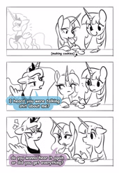 Size: 2700x3956 | Tagged: safe, artist:opalacorn, imported from derpibooru, princess luna, twilight sparkle, oc, oc:deathbringer, alicorn, pony, alicorn oc, black and white, comic, cross-popping veins, dialogue, emanata, frown, furrowed brow, grayscale, horn, icing bag, magical lesbian spawn, monochrome, offspring, parent:nightmare moon, parent:twilight sparkle, parents:twimoon, partial color, simple background, sweat, trio, vulgar, white background, wings