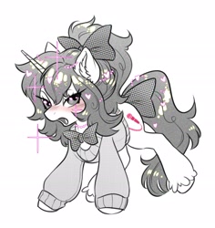 Size: 2859x3033 | Tagged: safe, artist:opalacorn, imported from derpibooru, oc, oc only, pony, unicorn, bow, bowtie, clothes, floating heart, grayscale, hair bow, heart, horn, looking at you, monochrome, nudity, oc name needed, partial nudity, simple background, solo, sparkles, sweater, tail, tail bow, white background