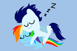 Size: 1935x1285 | Tagged: safe, anonymous artist, derpibooru exclusive, imported from derpibooru, rainbow dash, soarin', pegasus, pony, series:soarindash relationship, series:soarindash romantic tales, eyes closed, female, hug, male, mare, pointy ponies, shipping, sleeping, smiling, soarindash, stallion, straight