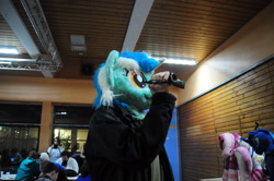 Size: 3216x2136 | Tagged: safe, artist:atalonthedeer, imported from derpibooru, lyra heartstrings, human, 2014, bronymuc, fursuit, indoors, irl, irl human, photo, ponysuit