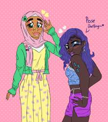 Size: 1280x1451 | Tagged: safe, artist:litttlelamb, imported from derpibooru, fluttershy, rarity, human, autism, beautiful, clothes, cute, cutie mark on human, dark skin, digital art, dress, duo, duo female, female, flarity, heart, hijab, human female, islam, islamashy, lesbian, lipstick, long skirt, makeup, polka dot background, raribetes, religion, shipping, short shirt, shorts, shyabetes, skirt, transgender, vest