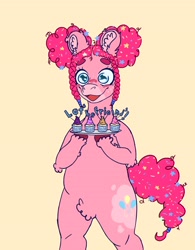 Size: 2500x3200 | Tagged: safe, artist:litttlelamb, imported from derpibooru, pinkie pie, earth pony, pony, alternate hairstyle, bun hairstyle, candle, cupcake, cute, cutie mark, diapinkes, female, food, happy, let's be friends, mare, open mouth, open smile, pinkie pie's cutie mark, plate, smiling, solo, sprinkles