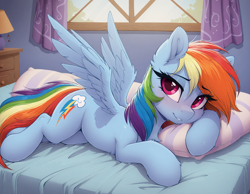 Size: 1728x1344 | Tagged: safe, imported from twibooru, rainbow dash, pegasus, pony, ai content, ai generated, blushing, female, image, looking at you, png, prompter:ramprover, solo, solo female, wings