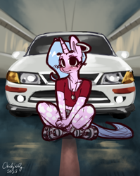 Size: 1240x1555 | Tagged: safe, artist:chiefywiffy, imported from derpibooru, oc, oc only, oc:chiefy, anthro, unicorn, anthro oc, car, ear piercing, female, horn, mare, piercing, solo