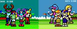 Size: 768x288 | Tagged: safe, artist:derek the metagamer, imported from derpibooru, ocellus, pharynx, oc, oc:derek the metagamer, anthro, changedling, changeling, human, aseprite, digital art, golf, golf ball, golf club, pixel art, prince pharynx, queen ocellus, sports