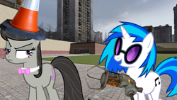 Size: 1920x1080 | Tagged: safe, artist:blitzythepony, artist:epicheavytf2, artist:jaelachan, artist:pyrogaming, edit, imported from derpibooru, dj pon-3, octavia melody, vinyl scratch, earth pony, pony, unicorn, 3d, gmod, gravity gun, horn, traffic cone, youtube link, youtube thumbnail