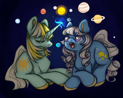 Size: 1280x1024 | Tagged: safe, artist:anyponyrequests, imported from derpibooru, starbeam, sunbeam, earth pony, unicorn, cute, duo, earth, female, g1, g1betes, g3, g3betes, horn, in awe, jupiter, magic, magic aura, mare, mars, mars (planet), mercury (planet), neptune (planet), planet, saturn, sun, uranus, venus