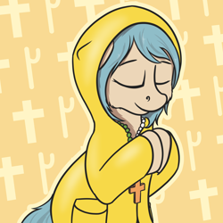 Size: 2212x2212 | Tagged: safe, artist:czaroslaw, imported from derpibooru, earth pony, pony, abstract background, catholicism, christianity, cross, eyes closed, luce, ponified, praying, raincoat, rosary, solo