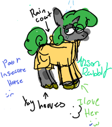 Size: 352x400 | Tagged: safe, artist:arsonrabbit, imported from derpibooru, oc, oc only, oc:emerald deltas, pony, unicorn, clothes, covered cutie mark, digital art, doodle, eye clipping through hair, female, freckles, gray coat, green eyes, green hair, green mane, green tail, hidden cutie mark, hooves, horn, looking back, male to female, mare, raincoat, rule 63, signature, simple background, solo, tail, text, trans female, transgender, transgender oc, unicorn oc, white background, yellow hooves